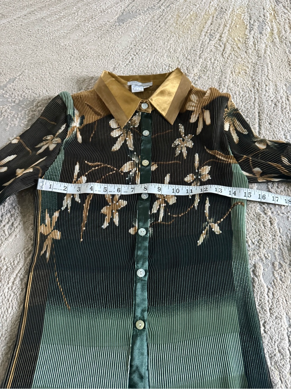 Alberto Makali button front shirt green Gold Pleated floral sequins small - Picture 6 of 8